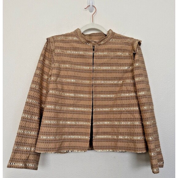 Marella Ruffle Gold Embroidered Stripe Blazer Mock Neck Clasp Women's Size 12 - Picture 1 of 10